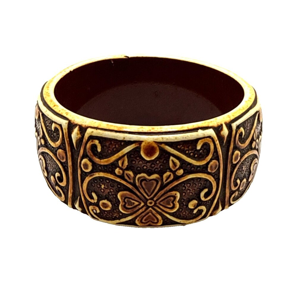 Vintage Carved Scroll Bangle Bracelet Chunky Wide Brown Statement 8.25"